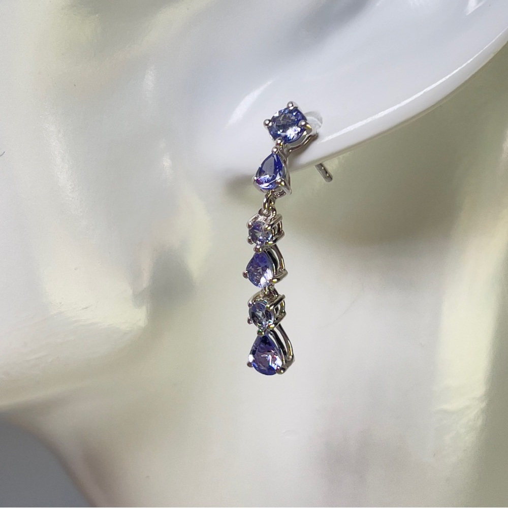 925 Silver Round and Pear Shaped December Birthstone Tanzanite Dangle Earrings